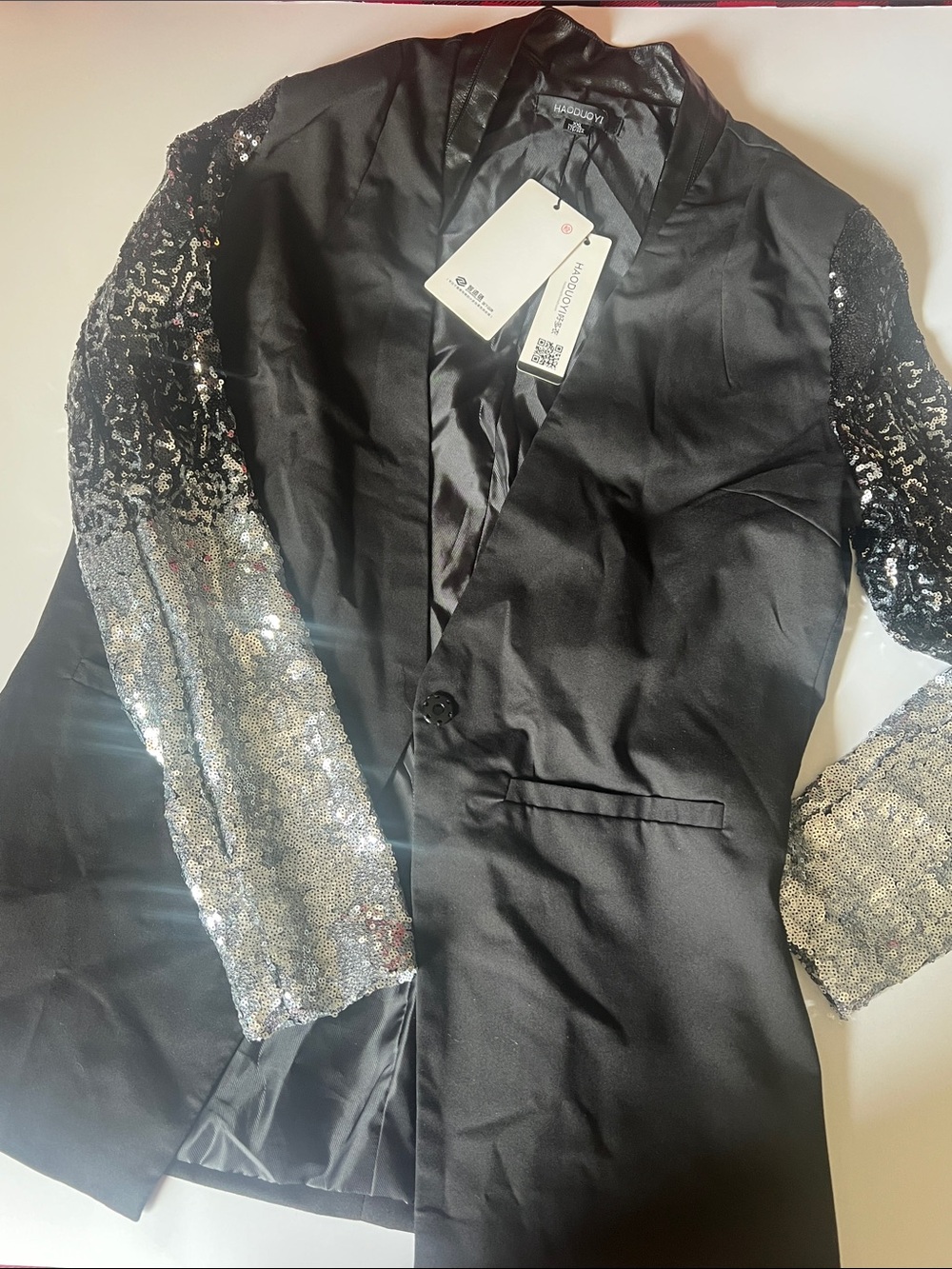 HAODUOYI Black Blazer with Silver Sequin Sleeves